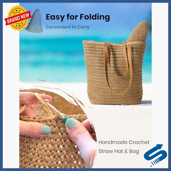 Handmade Crochet Straw Tote Bag & Sun Hat Set UPF50+ Summer Beach main image 4